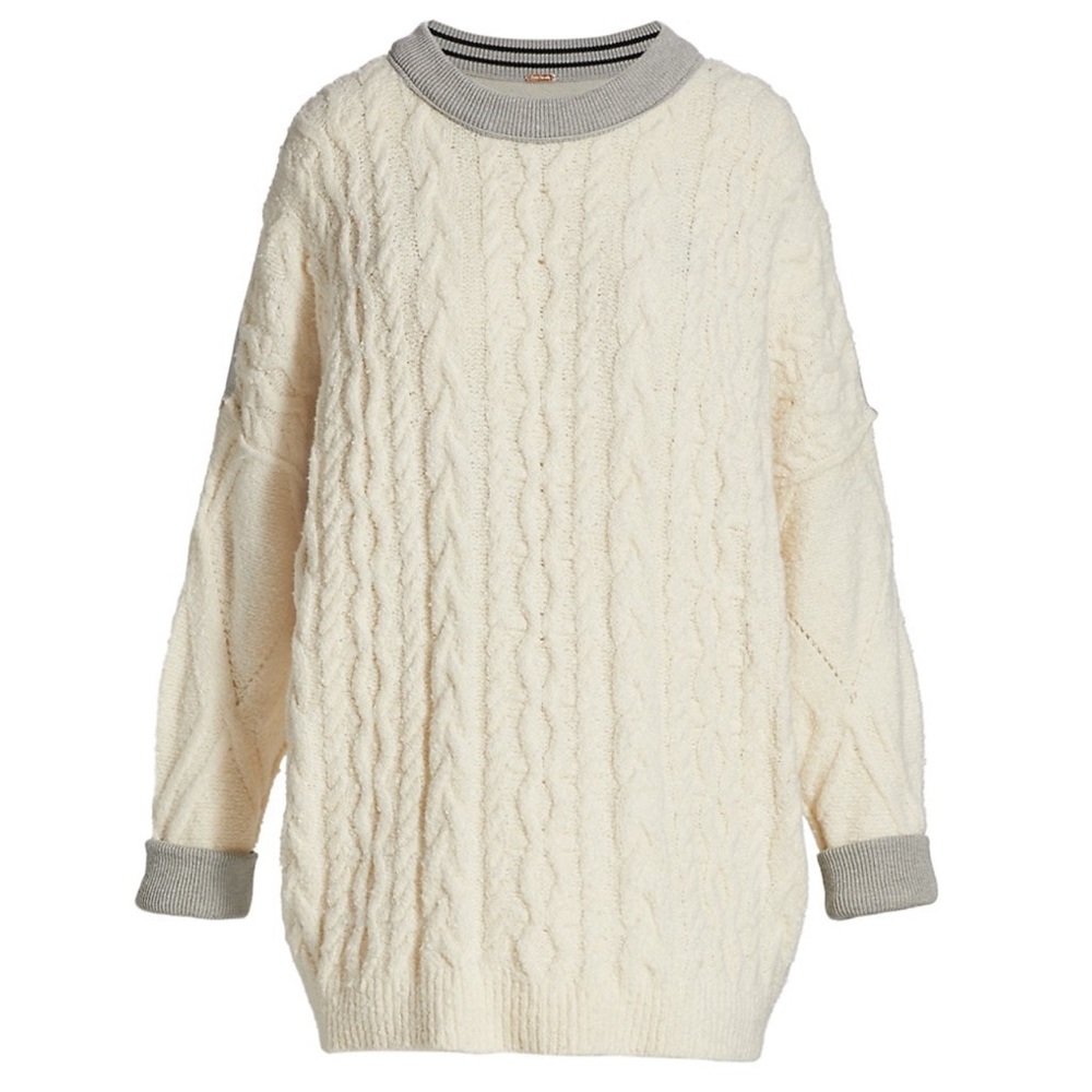 NWT Free People Olympia Cable-Knit Oversized Colorblock Sweater Tunic Ivory Grey